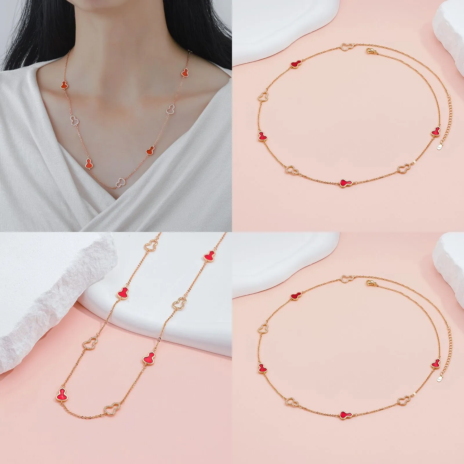 Fashion Necklace qeelin pendants jewelry mother-of pearl stainless steel necklaces plate 18k Red chain for women girl Valentines Mothers Day jewelry Wholesale 50cm