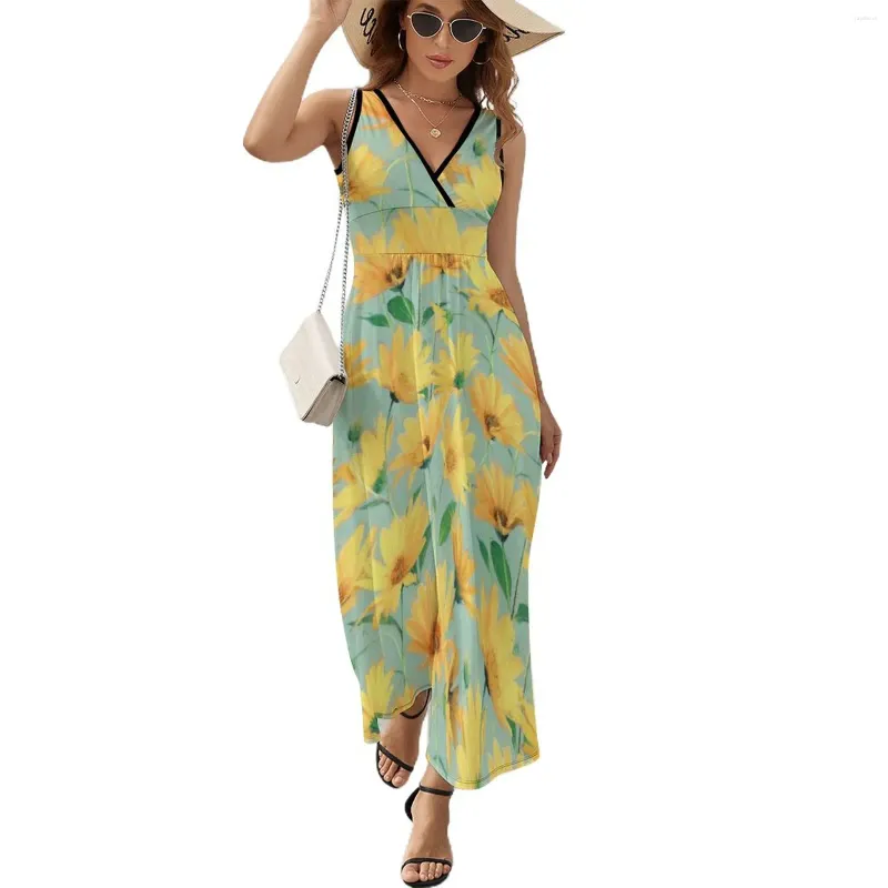 Casual Dresses Painted Golden Yellow Daisies On Soft Green Sleeveless Dress Woman Summer Women 2024