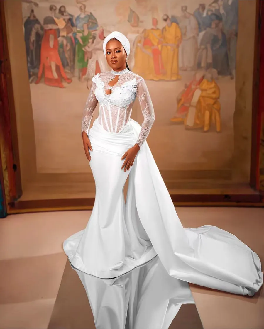 2024 ASO EBI ARABISKA Luxury Mermaid Wedding Dresses With Long Tail Spetsapplikationer Stain High Neck Långärmad afrikansk brudklänning för kvinnor