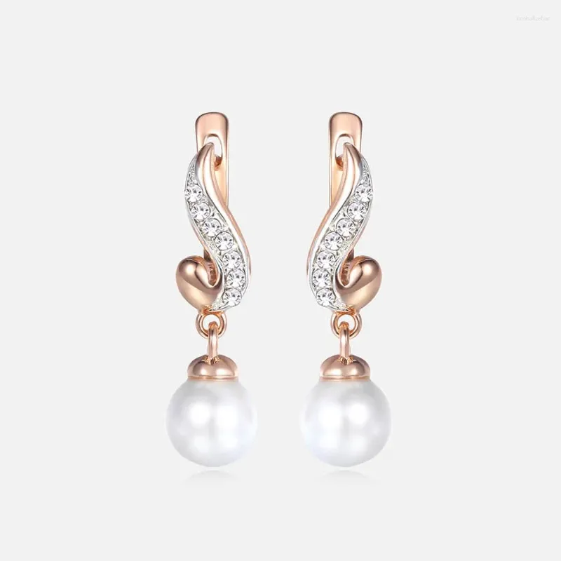 Stud Earrings Clear Cubic Zirconia Pearl For Women Girls 585 Rose Gold Color Geometric Pendant Fashion Jewelry Gifts KGE143