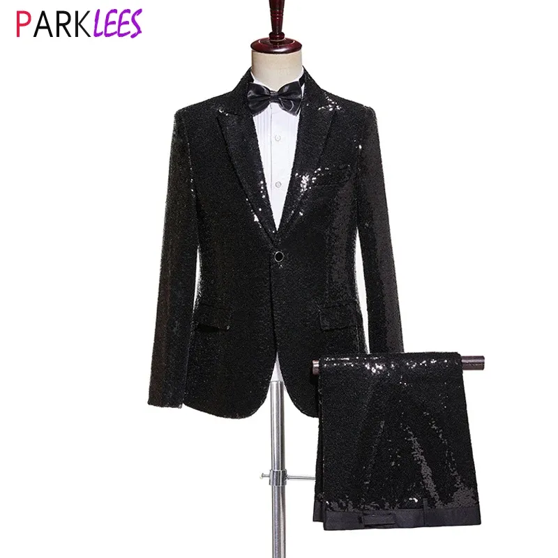 Anzüge Glänzend Schwarz Pailletten Herren Jacke Hosen Set 2 stücke Anzüge für Männer Hochzeit Bräutigam Bühne Prom Funkelnden Kostüm homme Pour Mariage