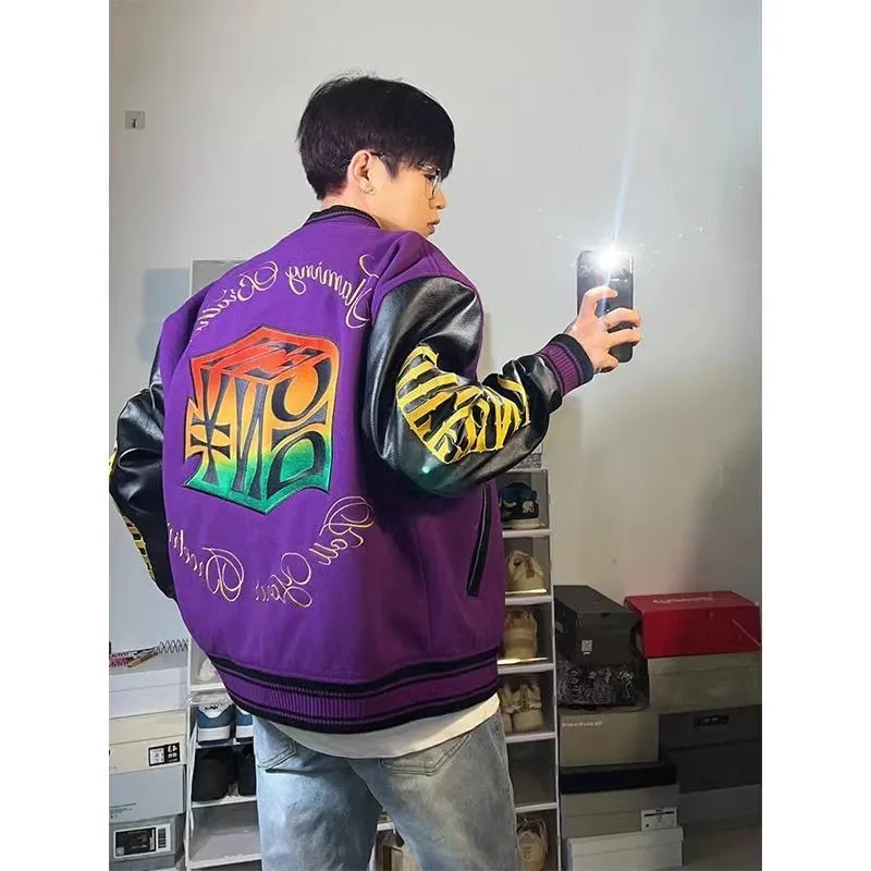DHgate.com:Mens PU Leather Varsity Baseball Jacket, Pink