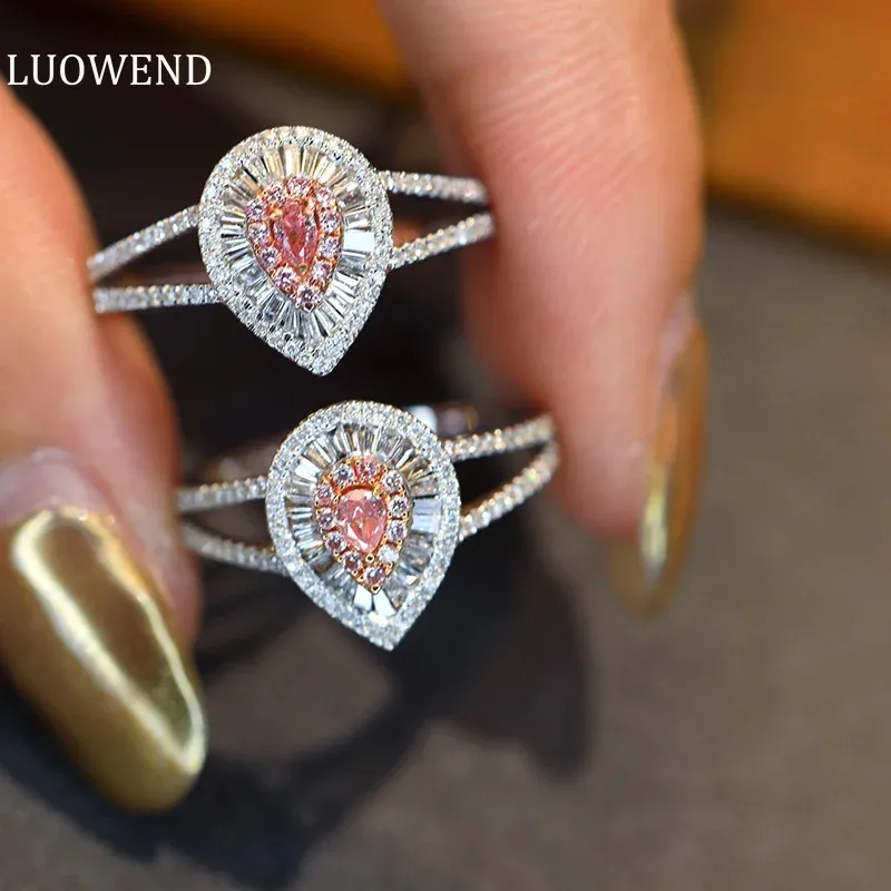 Rings LuoWend 18K Witgoud ringen Echte natuurlijke roze diamanten 0.63CARAT KLASSIEVE STRUIM DAINTY KINKEL Wedding Sieraden Ringen voor vrouwen