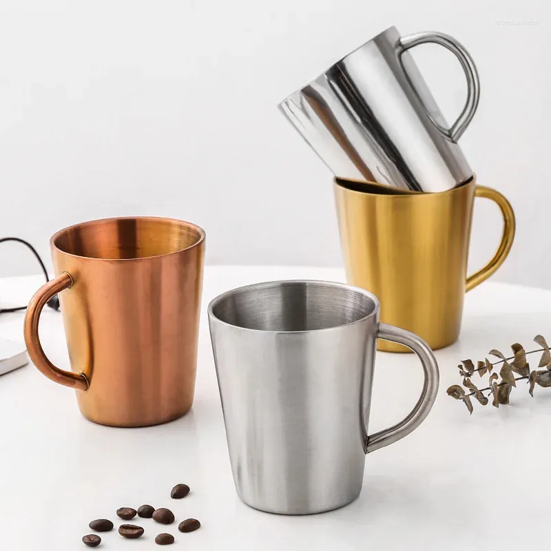 Muggar 300 ml dubbelskikt vatten kopp hem matsal dricker 304 rostfritt stål öl guld sliverkaffe med handtag tazas