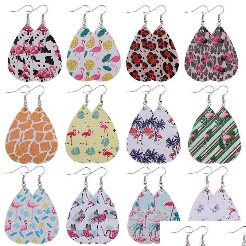 Baumeln Kronleuchter Design Flamingo Blätter Leopard Gedruckt Leder Ohrring Für Frauen Mädchen Boho Oval Waterdrop Ohr Kreative Dhgarden Dhqr4