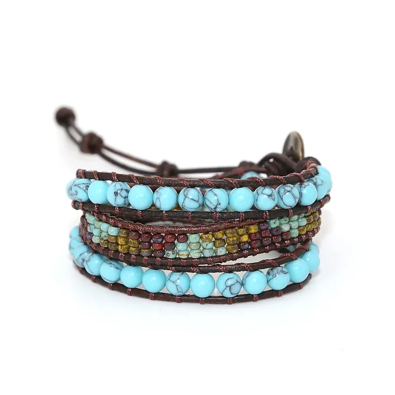 Armbanden drop verzending natuurlijke stenen charm 3 strengen wikkel armbanden handgemaakte boho armband unieke gemengde natuurlijke stenen lederen armband