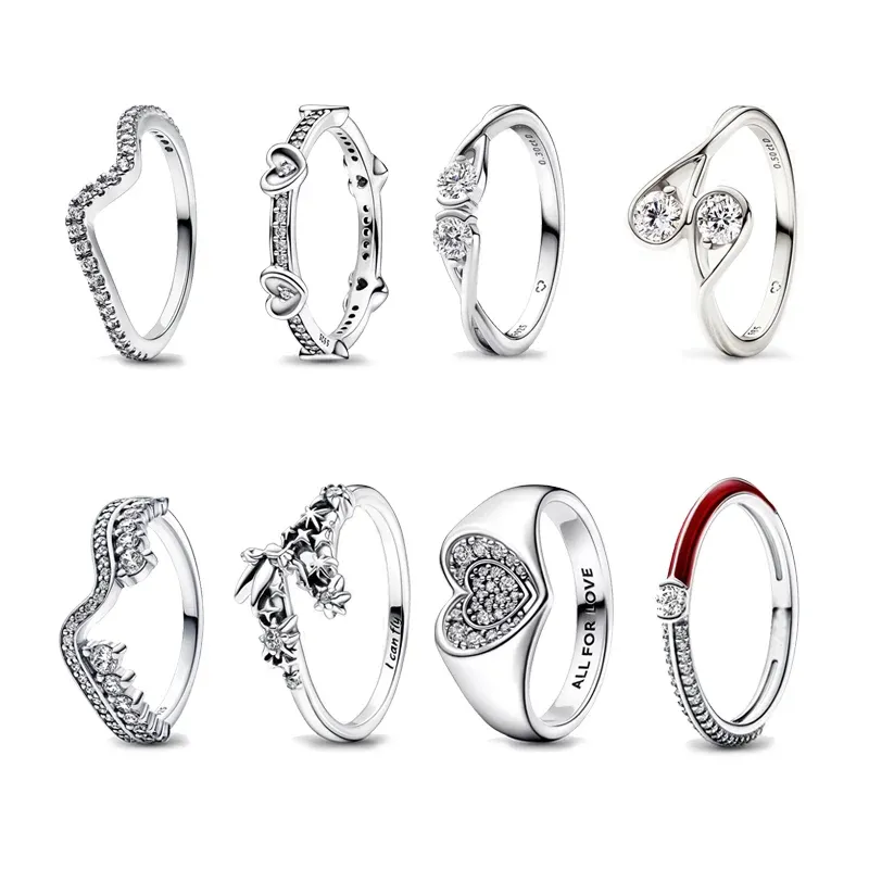 Anéis s925 prata esterlina radiante corações cintilantes onda anéis para mulheres menina pensador sino pavimentar vermelho sinete anel presente do dia dos namorados