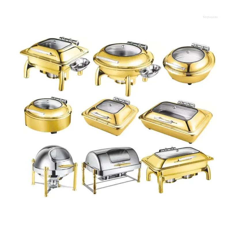 Piatti Piatti Lusso Colore Oro Matrimonio Acciaio Inossidabile Ottone Servire Chef Scaldavivande Scaldavivande Rame Buffet Set Pan Drop Dhd2J