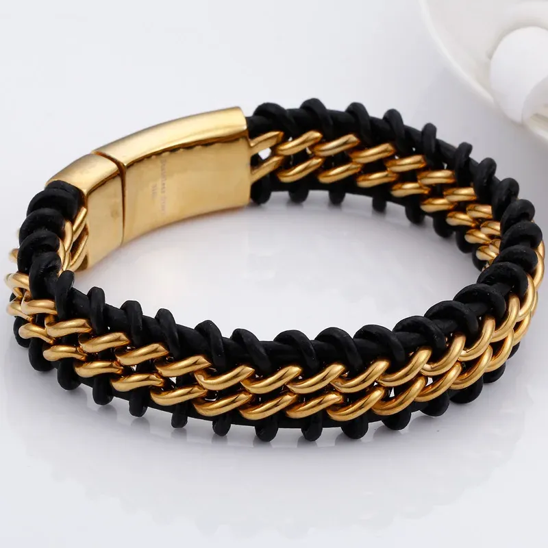 Armband charm svart kohud flätad enkel läder mäns armband guld färg rostfritt stål punk armband homme armband manliga smycken