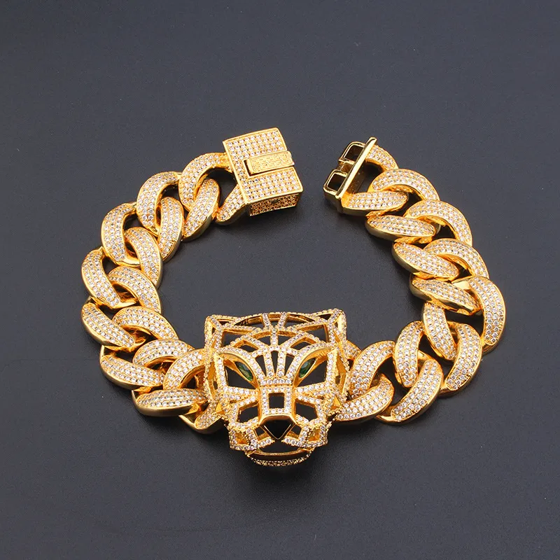 Bracelet hip-hop créatif et personnalisé européen américain grand léopard évidé plein zircon Rock Punk or argent chaîne cubaine dominatrice bijoux cadeaux