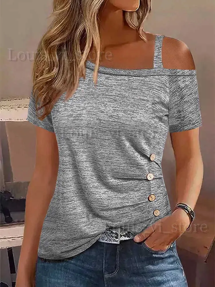 Women's T-Shirt Casual Summer Button Ruched One Sided Cold Shoulder Blouse for Women Fashion 2023 Elegant Loose Tank Tops Female Pullover T240221