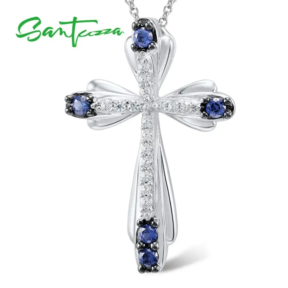 Pendants SANTUZZA Silver Pendant For Women Genuine 925 Sterling Silver Elegant Blue Cross Fit For Necklace Delicate Fashion Jewerly