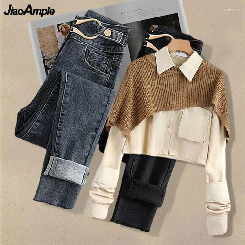 Women's Two Piece Pants Fashion Spring Autumn Denim Shirt Shawl Set Lady Design Trendy Long Sleeve Blouse Jeans Outfits Clothing Female