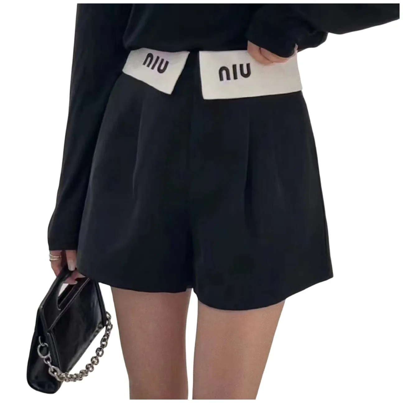 Shorts color block de cintura alta con bordado de letras y logo vuelto para mujer SMLXL