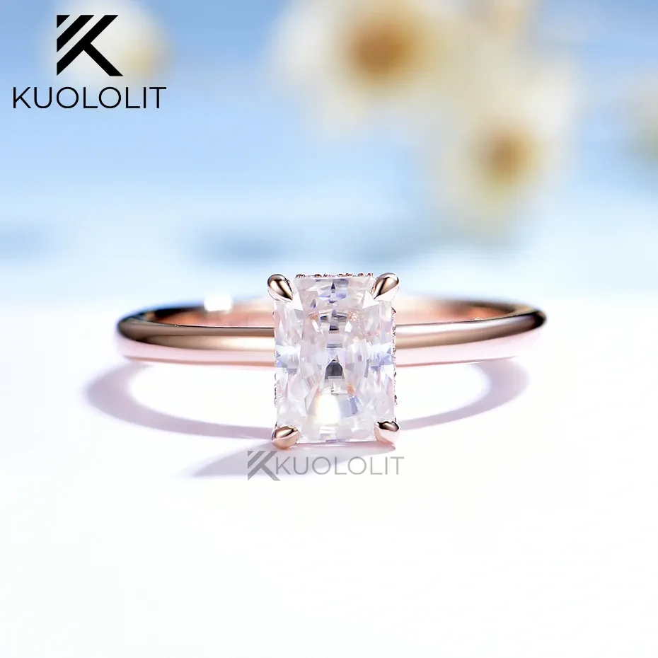 Кольца Kuololit Radiant Moissanite Ring для женщин из твердого розового золота 18K 14K Hide Halo, свадебные украшения для помолвки, рождественские подарки