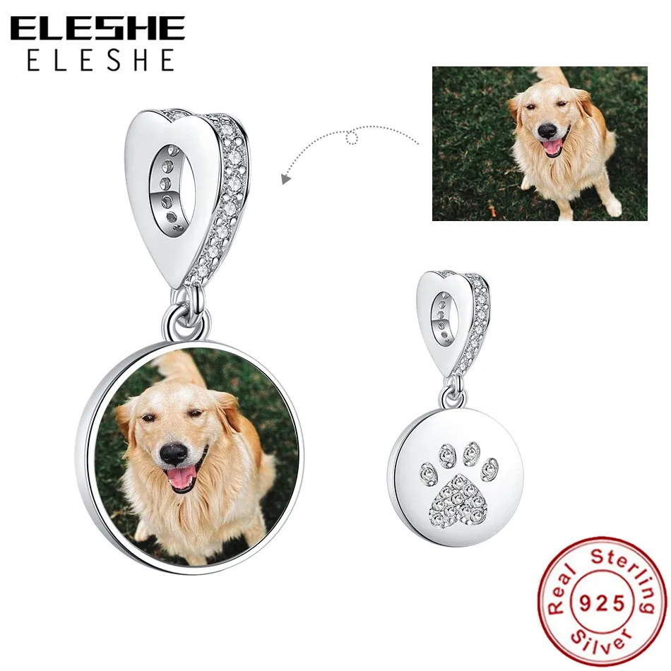 Pärlor Personligt anpassat foto 925 Sterling Silver Pet Paw Print Round Charm Pärlor Fit Original Armband Halsband Pendant DIY SMEEXKE