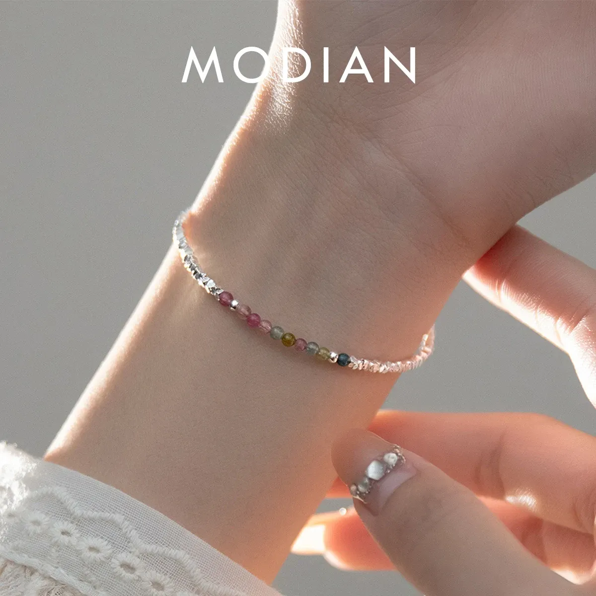 Bangles MODIAN 925 Sterling Silver Natural Colorful Beads Tourmaline Charm Bracelet Sweet Stackable Link Chain For Women Girls Jewelry