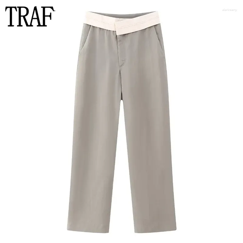 Women's Pants TRAF 2024 Contrast Baggy Woman Autumn Mid Rise Trousers Womens Office Straight Leg For Women