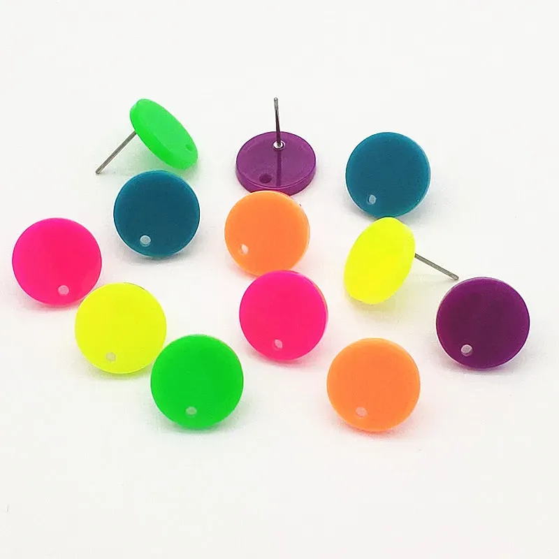 Stud New Arrival 14mm 100pcs Acrylic Solid Neon Effect Round Ear Stud for Handmade Earring Diy Parts,jewelry Findings & Components