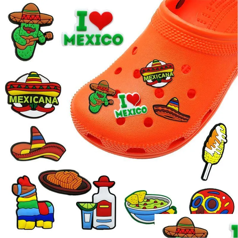 Sko delar tillbehör 20 st/set mexikansk gata majs taco stil mönster clog jibz charms 2d mjuk pvc clog sko delar tillbehör buc dh5ym