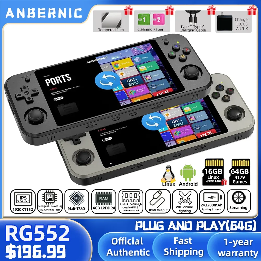 シェイパーanbernic RG552ハンドヘルドゲームコンソール5.36インチIPSタッチスクリーンビデオゲームプレーヤーAndroid 64G EMMC 5.1 RK3399 Linux