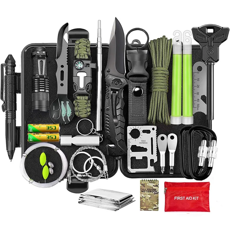 Unique camping and hunting outdoor survival gear arranged by category