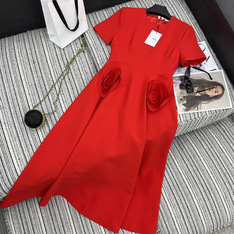 2024 Spring Red/Black O Neck Short Sleeves Women Dress Designer Solid Flowers Long Party Dress Hiliday Dress 202102