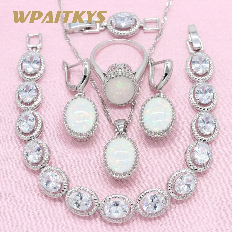 Sets Simple style Oval White Create Opal 925 Silver Jewelry Sets For Women Wedding Necklace Earrings Ring Bracelet Free Box WPAITKYS