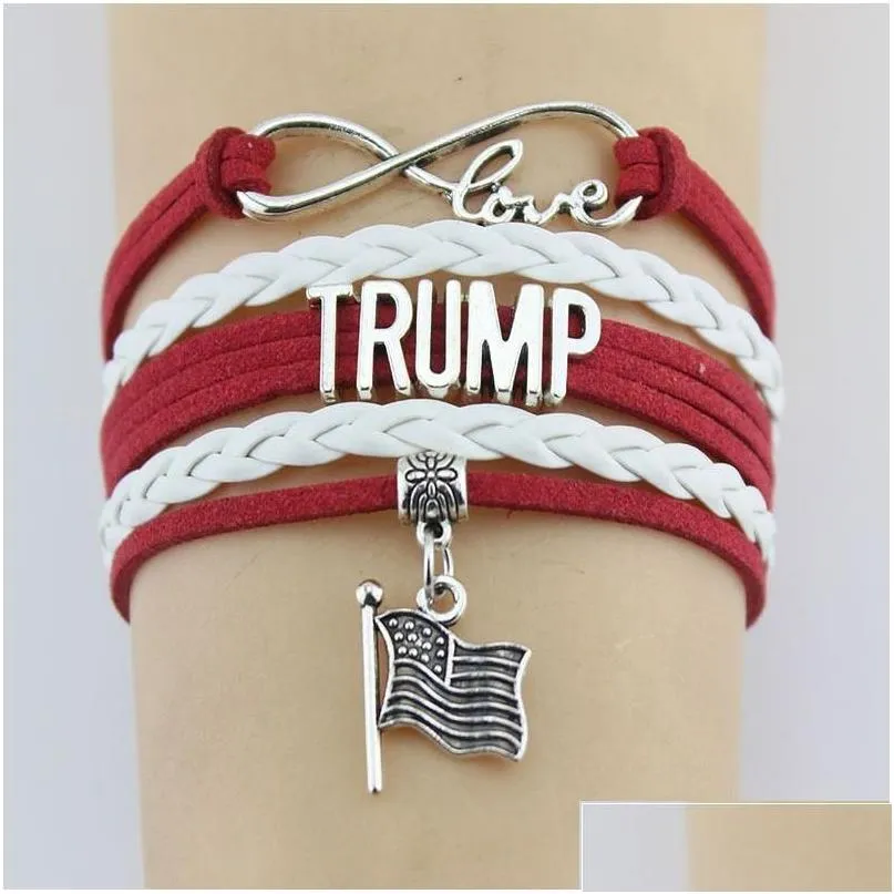 Charm Bracelets Charm Bracelets 10Pc/Lot Infinity Love Bethe Change Trump Flag Charms Bangles Leather Braid Wrap Bracelet Men Women Fa Dhp3H