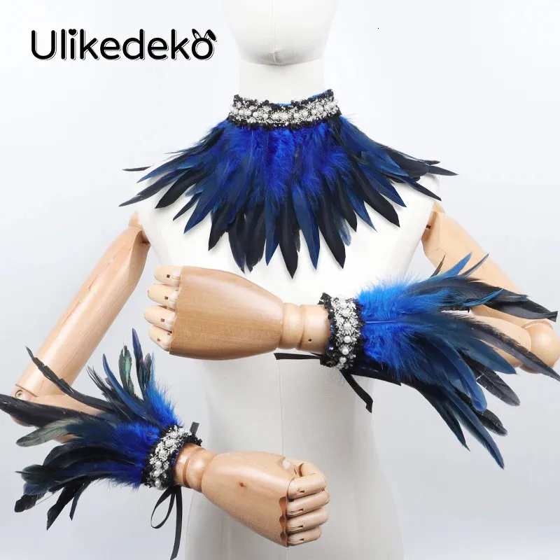 Punk Gothic Gloves Feather Wrist Cuff with Fake Collar Victorian Accessories Rave Party Carnival Stage Show Showgirl Arm Warmer 240219