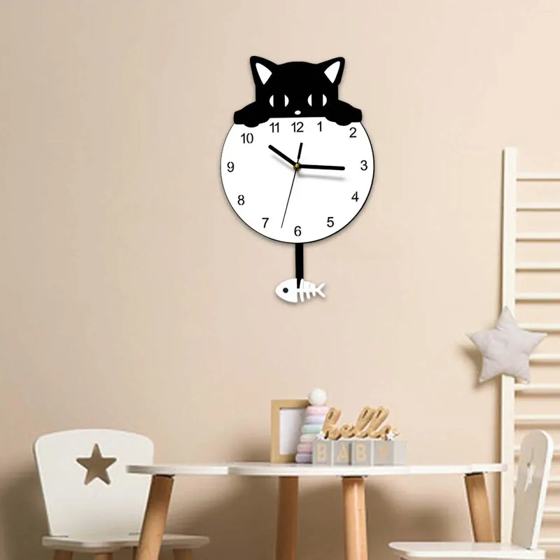 Horloges murales en forme de chat horloge créative chambre d'enfants acrylique suspendu décor de maison pour bureau café salle à manger El