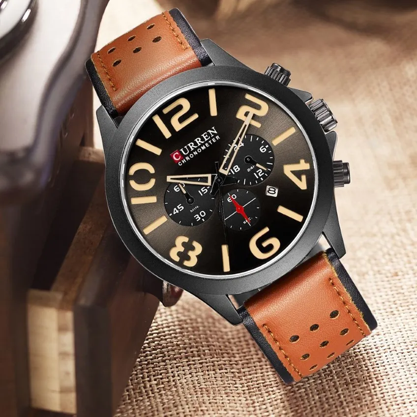 Mannen Horloges Merk CURREN Unieke Mode Chronograaf Quartz Horloge Lederen Band Weergave Datum Waterdichte Klok Relojes328h