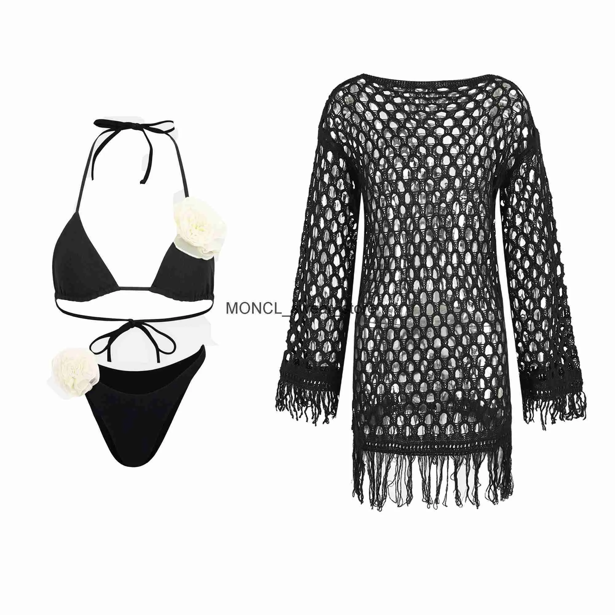 Mulheres Swimwear Sexy 3D Flor Biquíni com Malha Cover Up Mulheres Swimsuit Halter Set High Cut Bandage Ternos de Banho SummerH24221