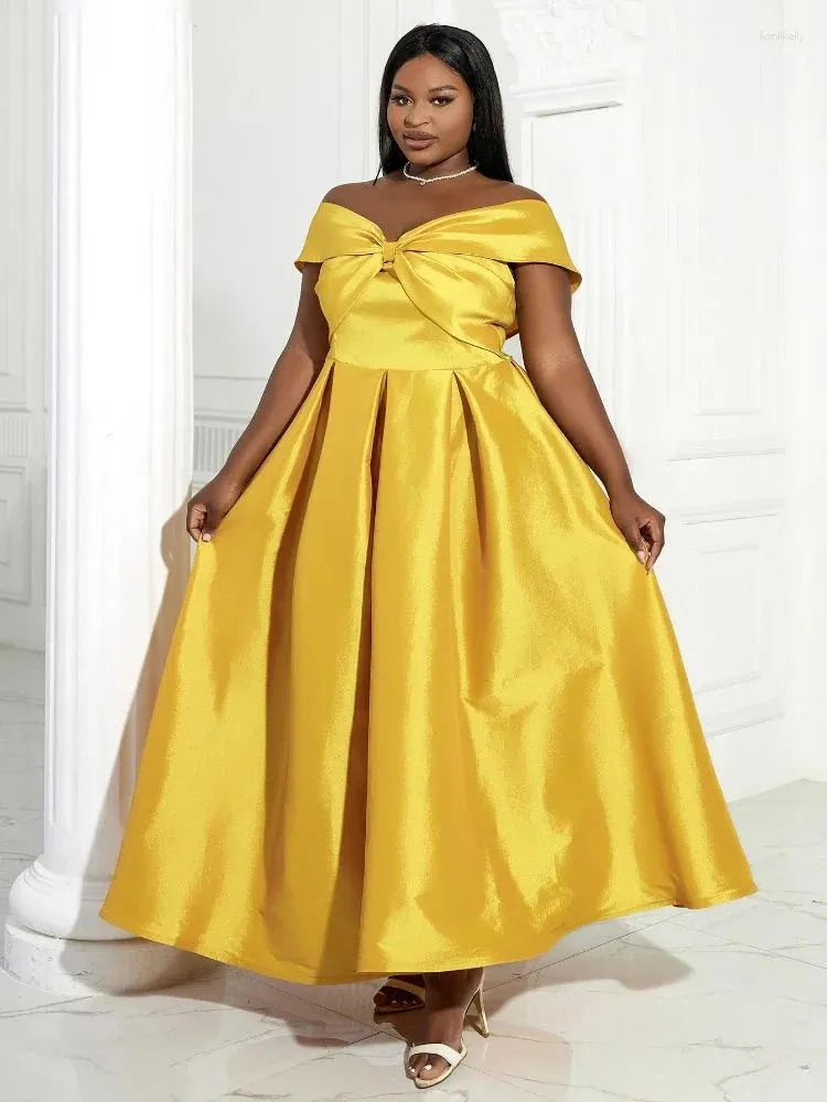 Casual Dresses Chic Gold A Line Long Party Dress For Women Elegant Off The Shoulder Bow Backless Shiny African Female Robes Lady Ball Gown