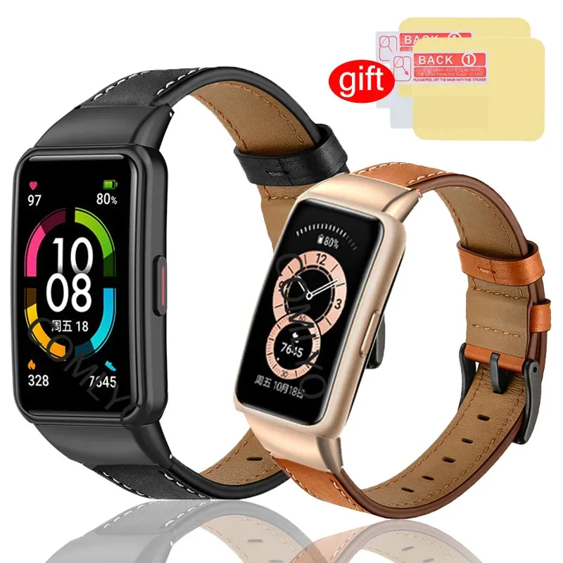 Chain For Huawei Band 6 Strap Genuine Leather Smart Watch Belt for Honor Band 6 Bracelet Wristband Screen protector film Accessories