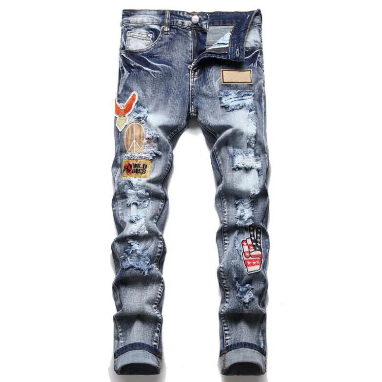 Calças de brim dos homens buraco estrela bordado tendência elástica magro calça masculina hip hop jean calças da motocicleta dos homens gráfico jean