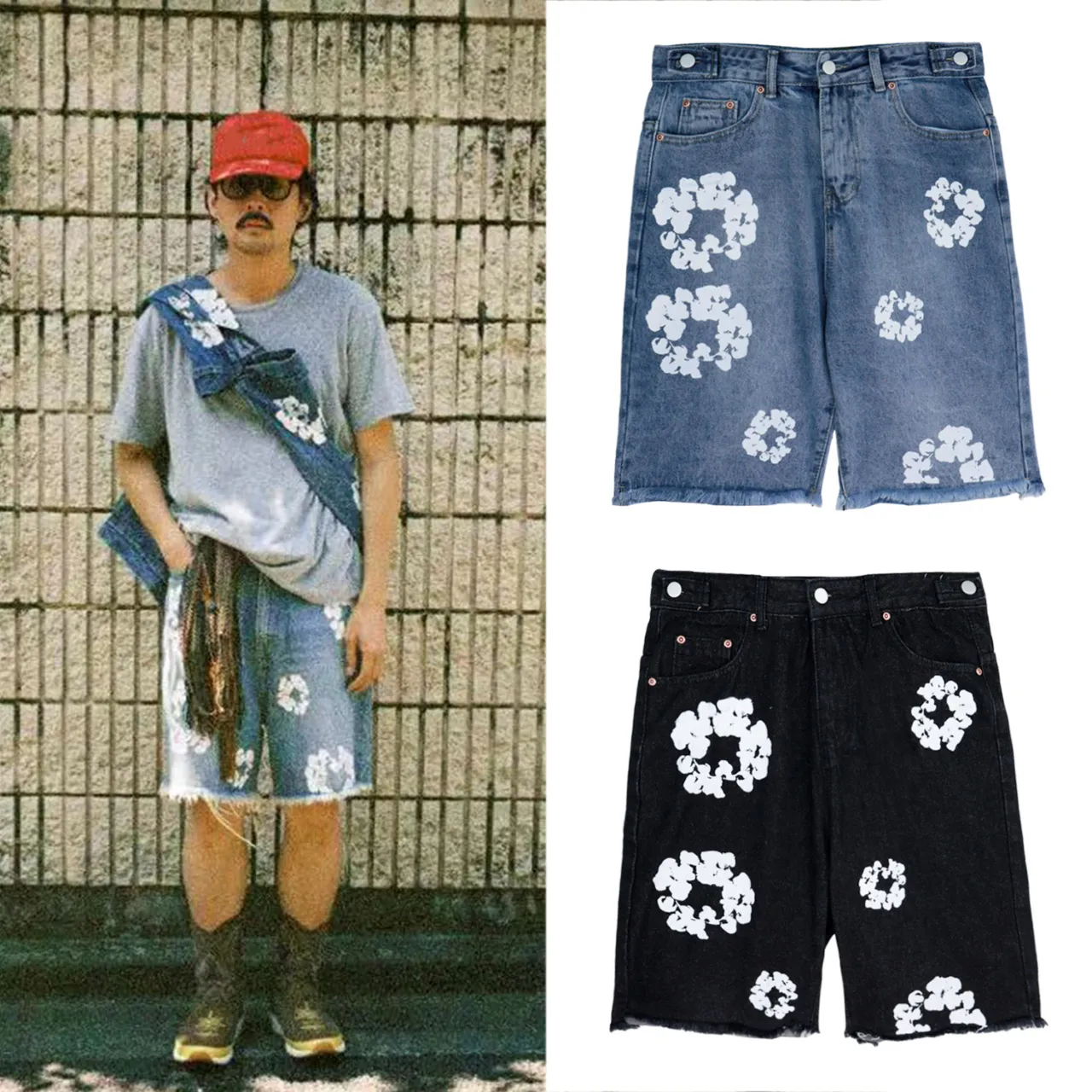 Дизайнерские мужские шорты с принтом венка в стиле ретро, хип-хоп, летние мужские повседневные прямые джинсовые шорты из микро-стрейча