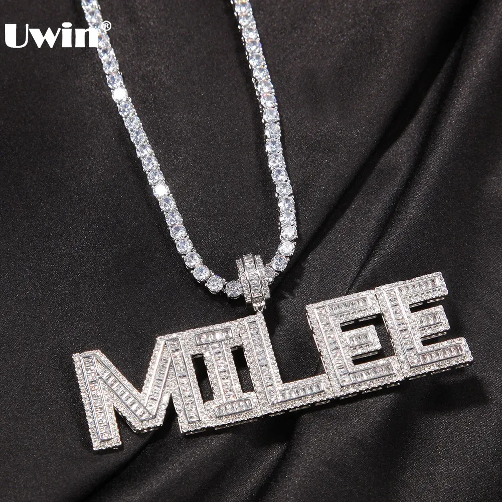 Colares UWIN Nome Personalizado Pingente Colares Iced Out Big Baguettecz Cubic Zirconia Letras Personalizadas Hip Hop Letras Gargantilha Jóias