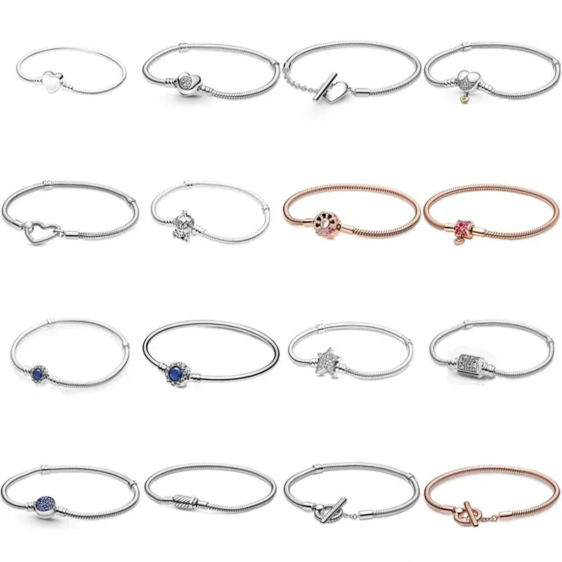 Bangles Authentic 925 Sterling Silver Moments Heart Closure Snake Chain Bracelet Bangle Fit Women Bead Charm Diy Fashion Jewelry