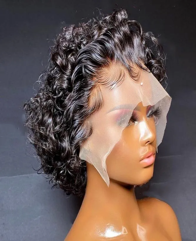 Pixie klippt kort bob lockigt spets frontala transparenta front spetsar peruker för kvinnor djupvåg mänskligt hår wig4287821