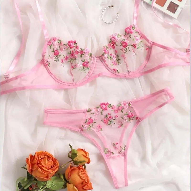 Sutiãs conjuntos lingerie sexy floral bordado roupa interior transparente renda curta pele delicada fada mulher sutiã e calcinha conjunto