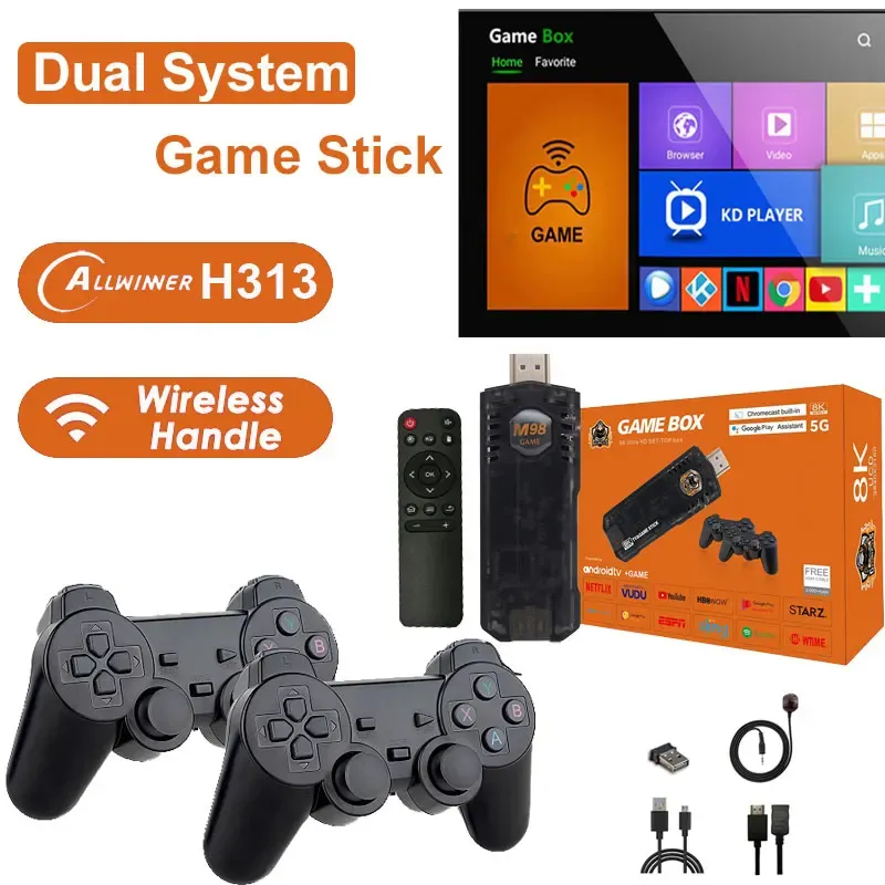 Consoles Retro Game Console para TV Game Stick 4k 10000 Jogos Fire TV Stick Dual System 14 Emuladores Console Wi-Fi para Netflix/N64/FC/PS/GB