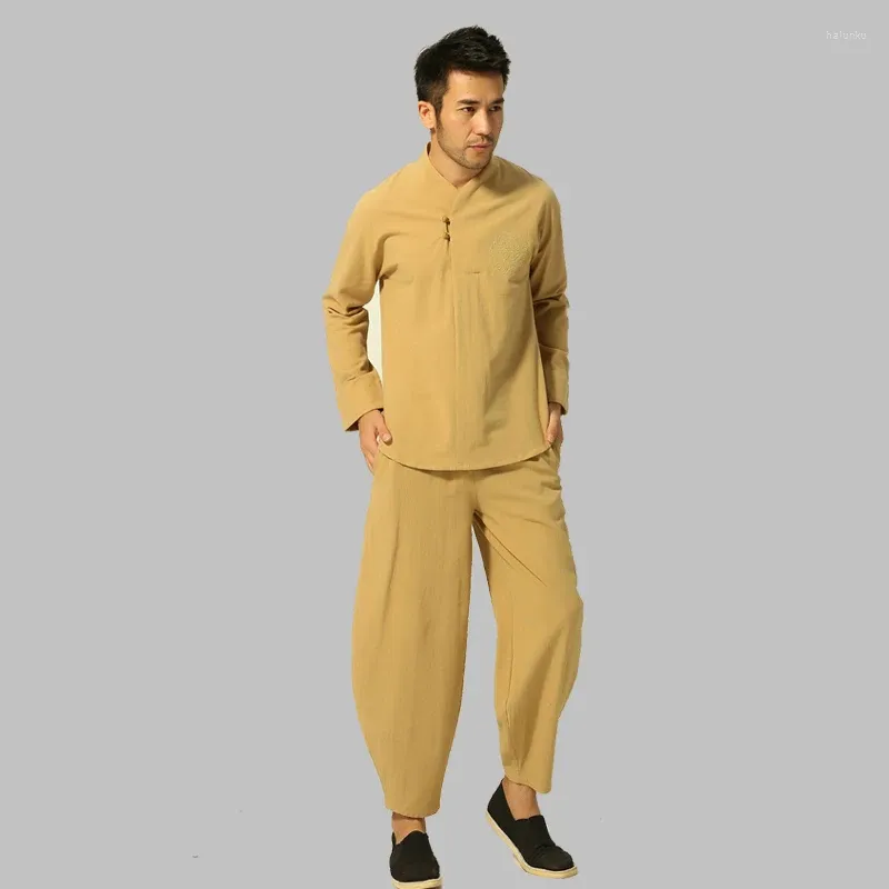 Ethnic Clothing Chinese Men's Solid Cotton Linen Suit High Quality Wu Shu Tai Chi Sets Loose Buddhist Yellow Long Sleeve Clothes