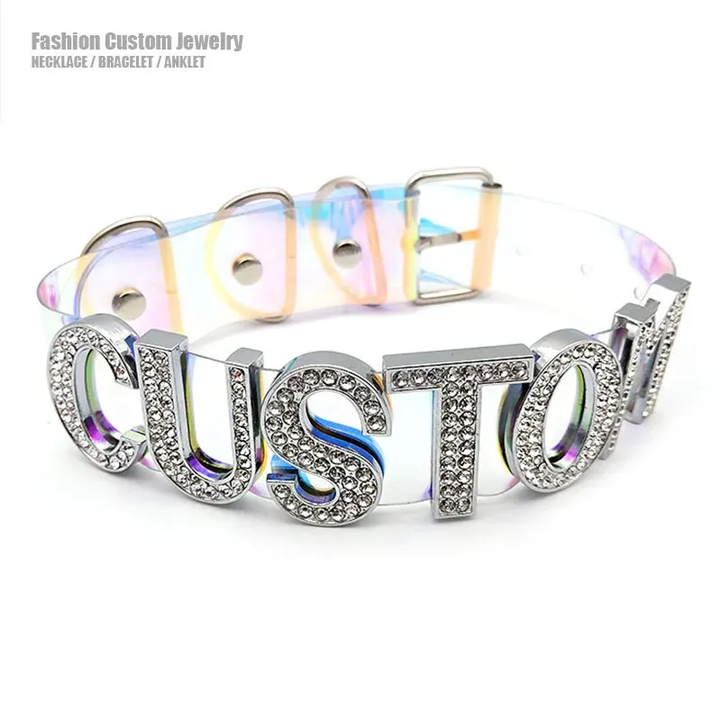 Collares Punk Sexy nombre personalizado gargantilla letras Collar mujeres hombres deslumbrante colorido láser PU Collar Chocker Cosplay fiesta joyería