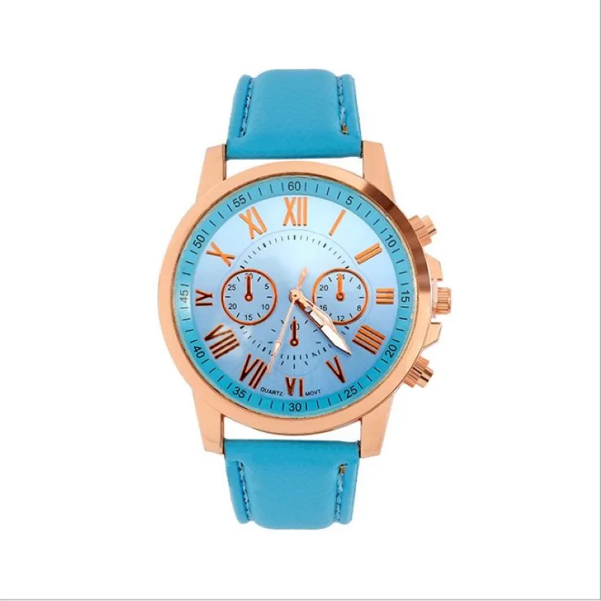 Roman Number Dial Fashion Woman Watch Retro Genève Student Watches Womens Quartz Wristwatch med Blue Leather Band2932