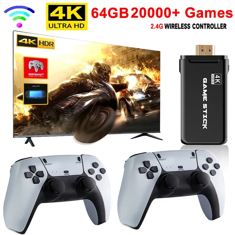 Konsollar Yeni M8 4K HD Oyun TV Stick Retro Video Oyun Konsolu 64GB 15000 Oyun GBA PS1 MD Çocuklar Hediyesi için 2.4 Kablosuz Denetleyici