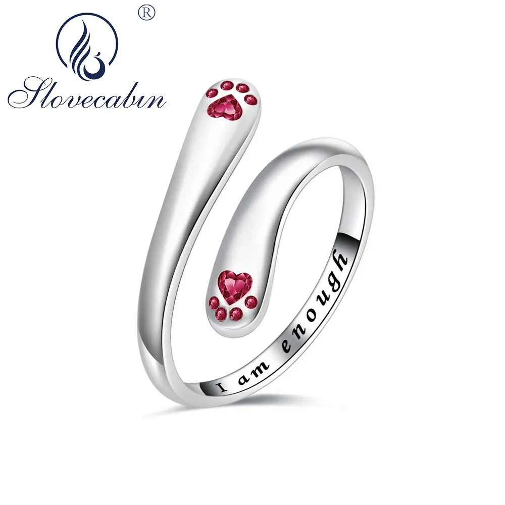 Anneaux Slovecabin véritable 925 en argent Sterling mignon chat impression patte ouverte bague avec rouge CZ femmes Anillo argent 925 bijoux fins faire