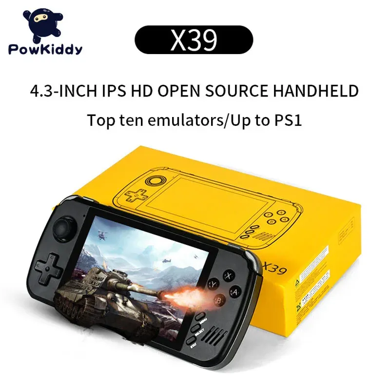 Jogadores Powkiddy X39 4.3 polegadas IPS Tela Open Source Retro Handheld Game Players Quad Core PS1 Suporte Controladores com fio Consoles de jogos