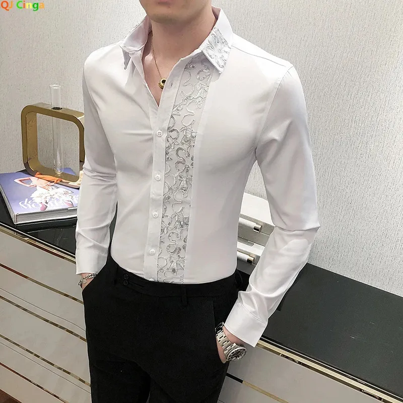 Autumn white wool long skirt for mens fashionable ultra-thin mens shirt brand new mens lace patchwork decoration Camissa 240221