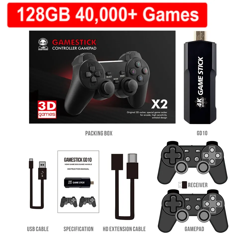 Consoles Ampown GD20 / GD10 256G 70000+ Jogos Console de videogame 2.4G Controle duplo sem fio Jogo Stick 4K HD Jogos retrô para PS1 PSP